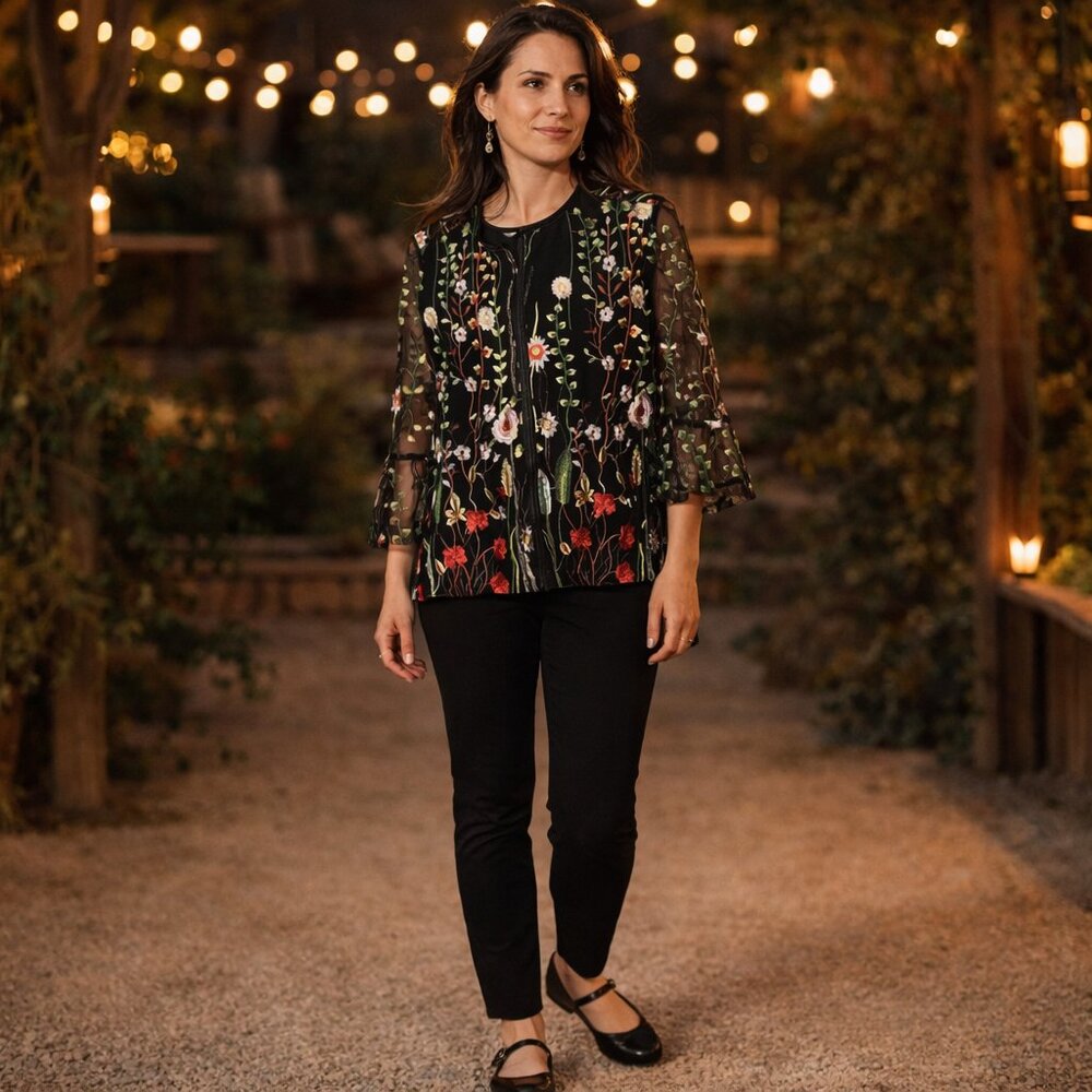 Women's Draper's and Damon's Black Boho Embroidered Floral Jacket Size Large